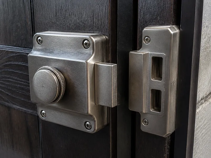 Cerradura de seguridad y escudo en una puerta de madera de vivienda en Barcelona