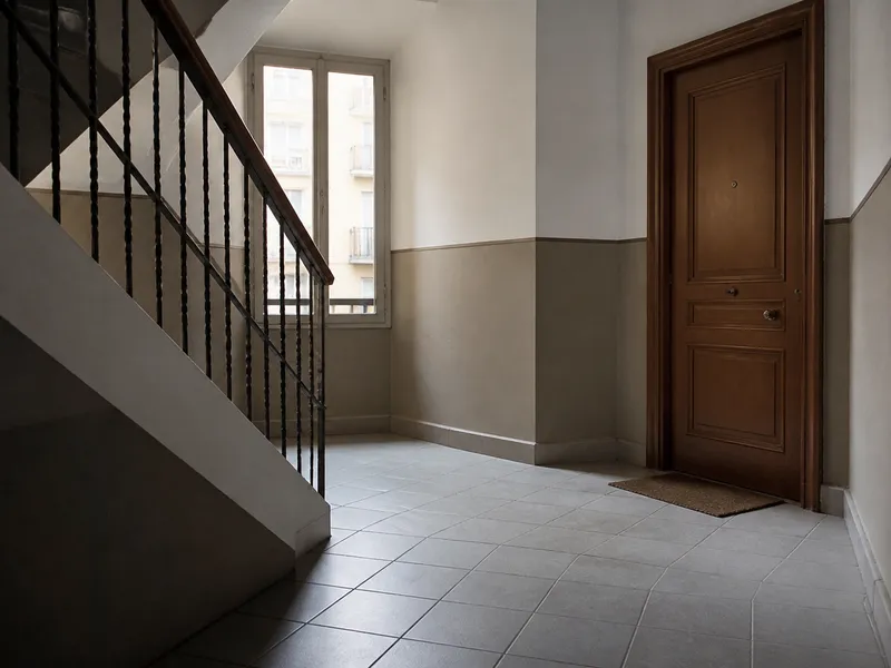 Rellano de comunidad de vecinos en Barcelona con puerta de finca y suelo de terrazo