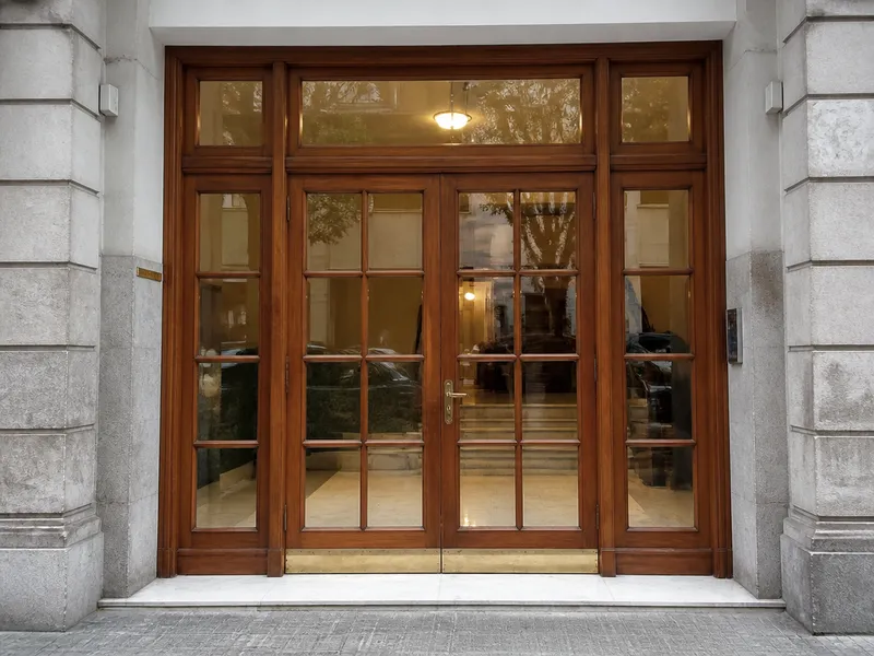 Puerta de portal de comunidad en Barcelona vista de frente, madera y cristal