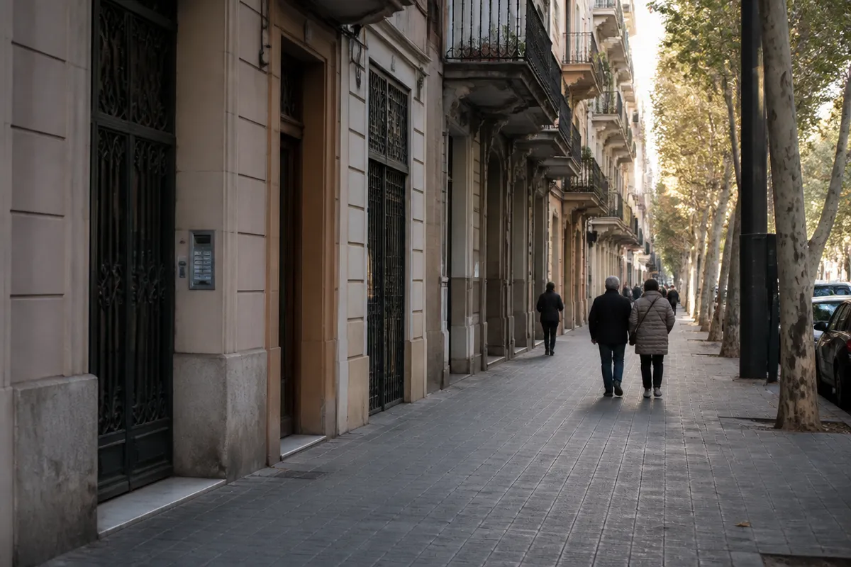 Calle residencial de Barcelona con portales de fincas donde se atiende cerrajería a domicilio